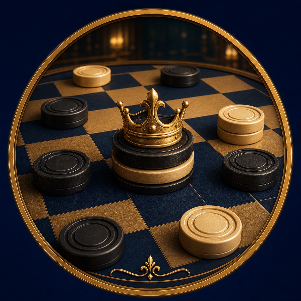 Black and ivory checker pieces with a golden crown