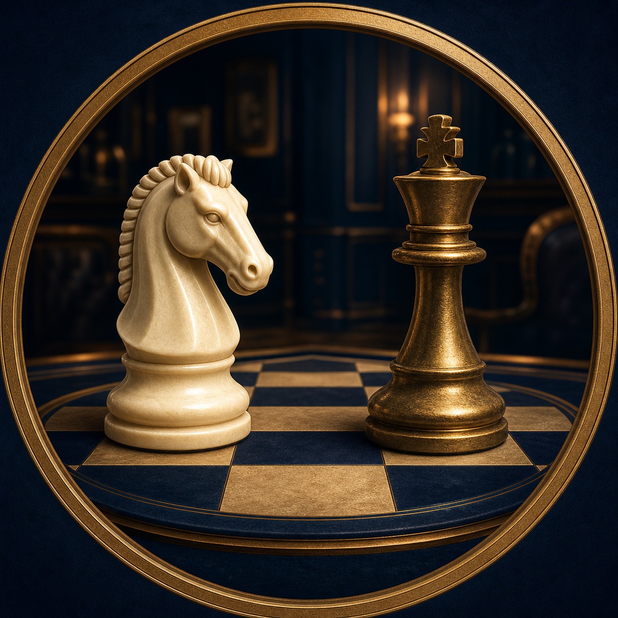An ivory chess knight facing an antique-gold king