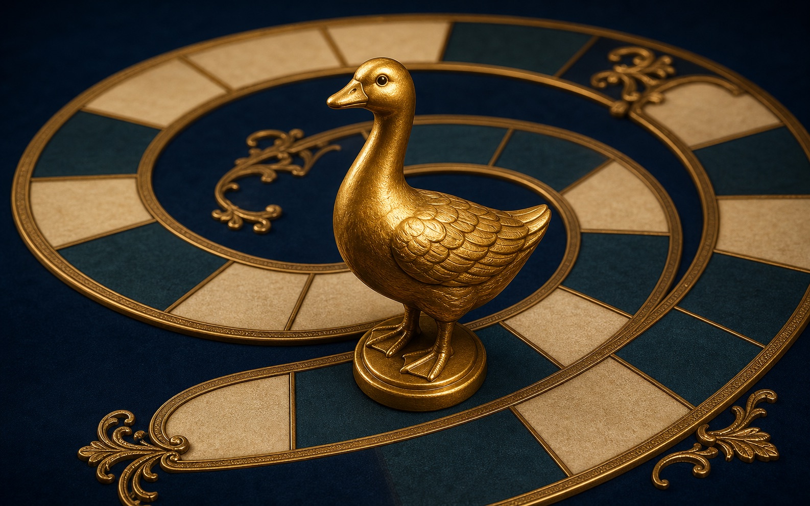 A sculpted golden goose on a winding board-game path