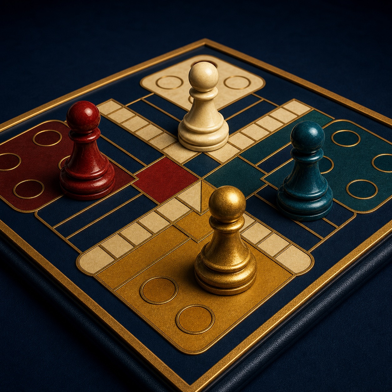 Four ornate Ludo pawns on a navy and gold board